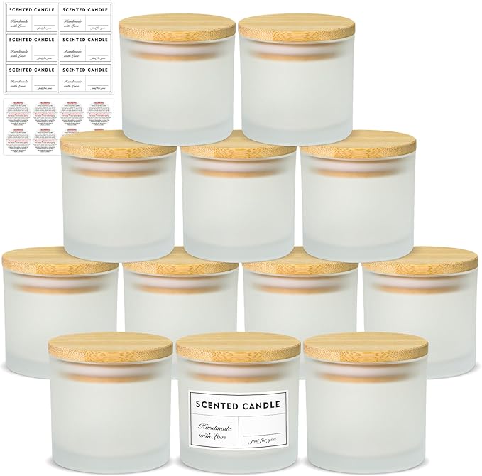 4oz Candle Jars 12 Pack- Frosted Bulk Small Glass Jars with Bamboo Lids, with Stickers and Labels, Empty Candle Jar for Making Candles Containers - Dishwasher Safe