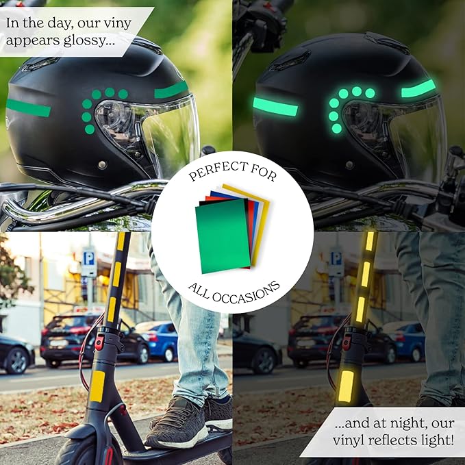 Reflective Vinyl for Cricut Joy Permanent Adhesive (12 Pack Bundle, 5.5 x 12 Inch) Light-Activated Glow in The Dark Sticker Sheets for DIY Outdoor Stickers and Decal. Safe Car Parking, Crafting, Art