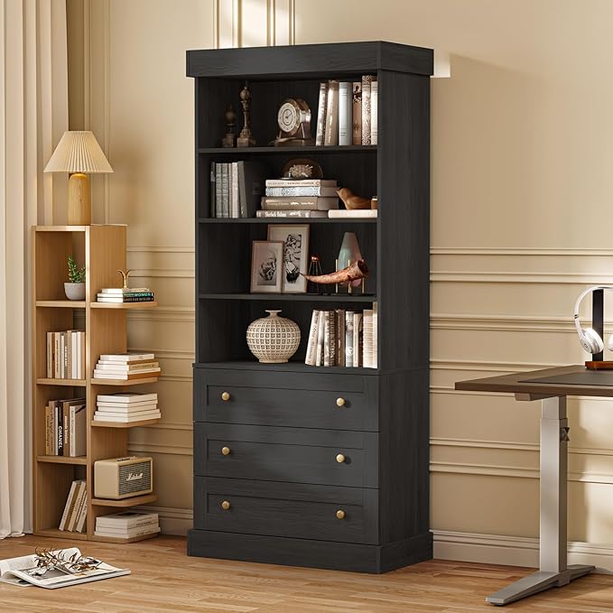 Vyre 71" Tall Farmhouse Bookshelves with Glass Doors and Drawers, Set of 3 – Large Modular Bookcase with Adjustable Shelves, Storage Cabinet for Living Room, Kitchen, Black