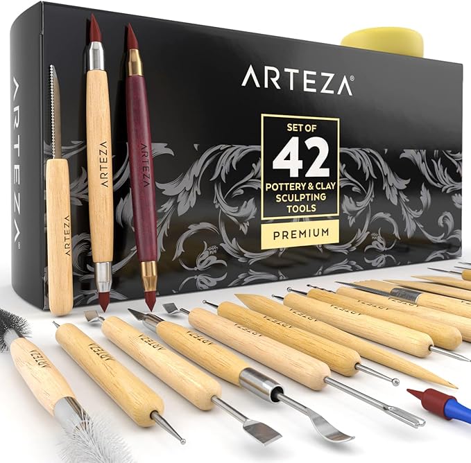 Arteza Pottery & Polymer Clay Tools, 42-Piece Sculpting Set, Steel Tip Tools with Wooden Handles, for Pottery Modeling, Smoothing, Carving & Ceramics