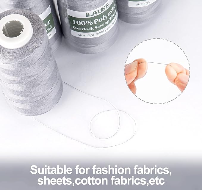 ilauke 3000 Yards Serger Thread of 4 Cones Each Spool 100% Polyester Sewing Thread All Purpose Sewing Thread for Serger Sewing Machine, Overlock Cone Sewing Supplies, 40S/2 Grey