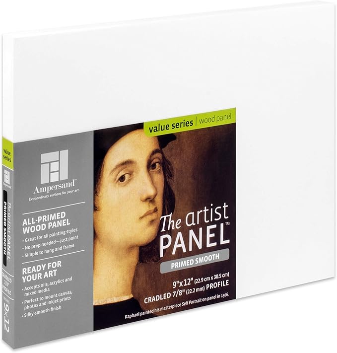 Ampersand Art Supply Wood Gesso Artist Painting Panel: Primed Smooth, 9" x 12", 7/8" Cradled Profile