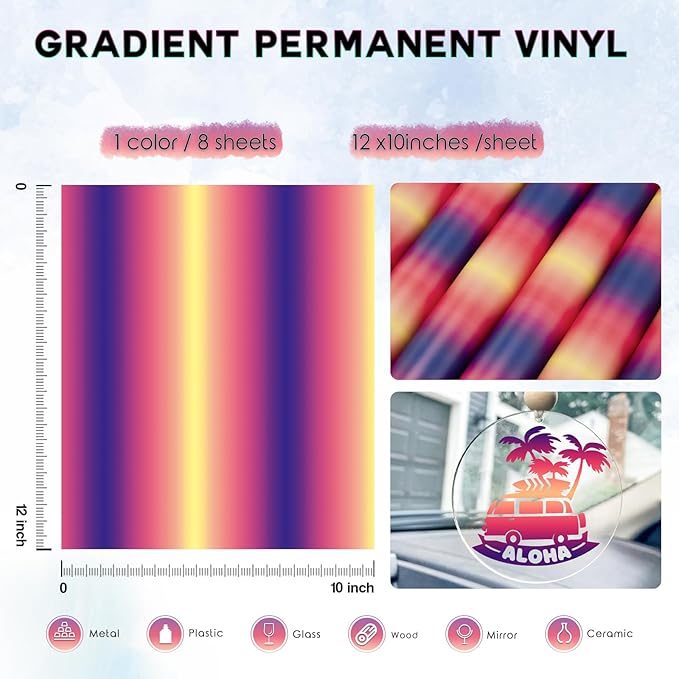 Tintnut Purple Orange Permanent Vinyl - 8 Sheets 12"x10" Gradient Adhesive Self Sticker, Ombre Glossy Self Sticker Water Proofing Vinyl Compatible with Cricut Or Silhouette