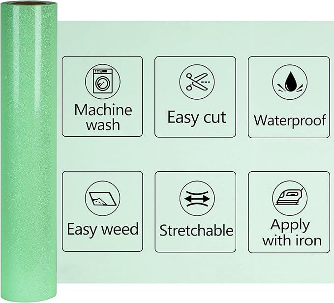 Light Green Glitter HTV Heat Transfer Vinyl Rolls12inch by 9feet PU Stretch Iron on Vinyl for T-Shirt for Silhouette and Cameo (9Ft, Z1-Glitter Light Green)
