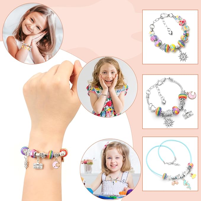 Charm Bracelet Making Kit for Girls 8-12, Kids Jewelry Making Kit 66Pcs Jewelry Kits for Girls Ages 5-7 Jewelry Maker Craft Necklace Birthday Christmas Gifts with Initial Jewelry Organizer Box - A
