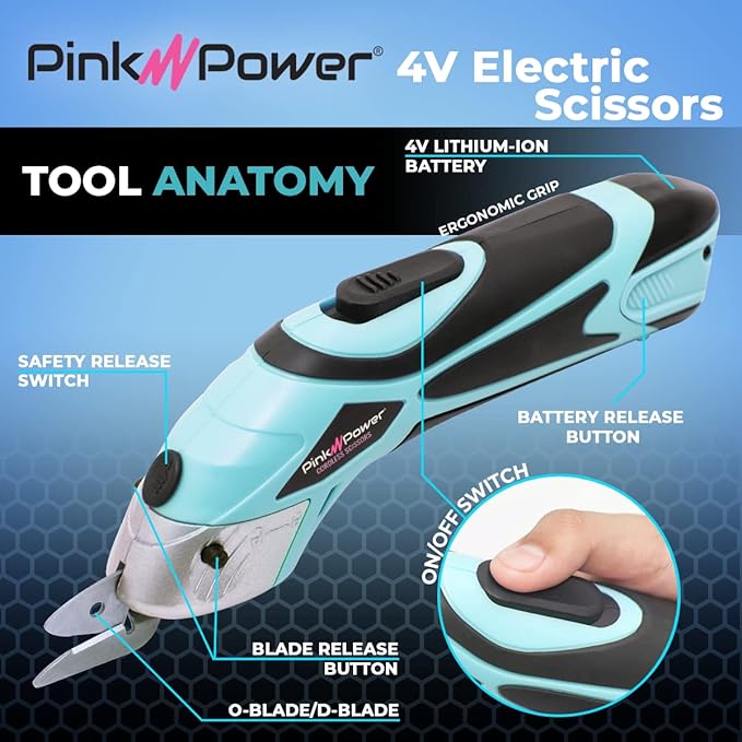 Pink Power Electric Fabric Scissors for Crafts, Sewing, Cardboard, Carpet & Scrapbooking - Heavy Duty Cutting Tool, Automatic Cordless Electric Scissors Fabric Cutter & Rotary Cutter Set (Aqua Splash)