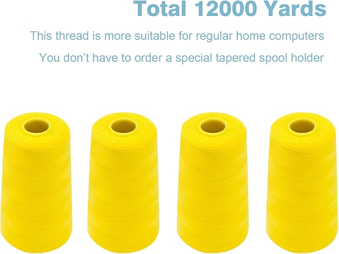 Yellow Serger Thread, All-Purpose Thread for Sewing, Polyester, 4 Cones of 3000 Yards Each Spool for Sewing Machine