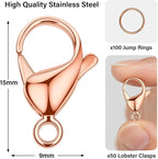 Mandala Crafts 15mm Rose Gold Color Stainless Steel Lobster Clasps for Jewelry Making - 50 PCs SS Lobster Claw Clasps with Jump Rings Jewelry Findings Kit for Necklaces Bracelets Charms Fasteners