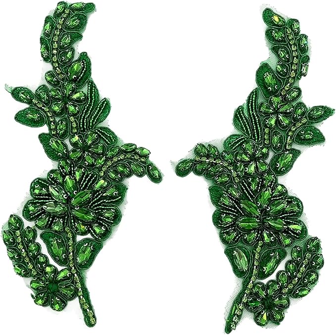 1 Pair Handmade Flower Rhinestone Applique for Clothes, Crystal Fabric Patches for Wedding Dress, Bling Beaded Embroidery Lace Applique for Hat Hairband Sewing Embellishment (Green)