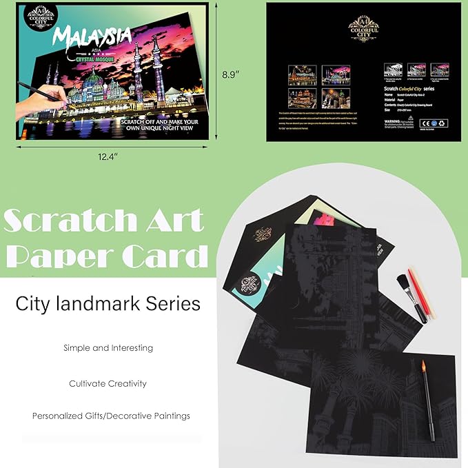 Scratch Art Paper for Adults Foil Art - Colorful City Series, Scratch Painting for Adults/Teens, Scratch and Sketch Craft Gift | Foil Engraving Scratch Art Adult (Set 2)