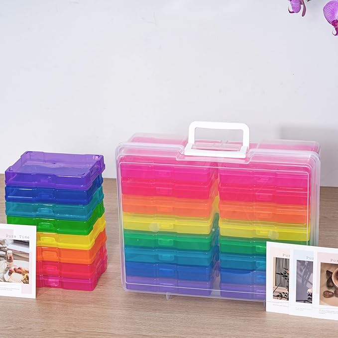 novelinks Transparent 4" x 6" Photo Organizers and Photo Storage Box with Handle, 16 Inner Photo Cases, Portable Picture Organizers & Photo Storage Containers (Multi-Colored)