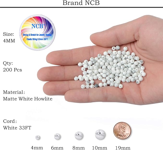 NCB White Matte White Howlite Beads 200pcs 4mm Round Gemstone Beads Spacer Charm Beads Natural Stone Loose Beads for Bracelet Necklace Jewelry Making (Matte White Howlite, 4mm 200Beads)