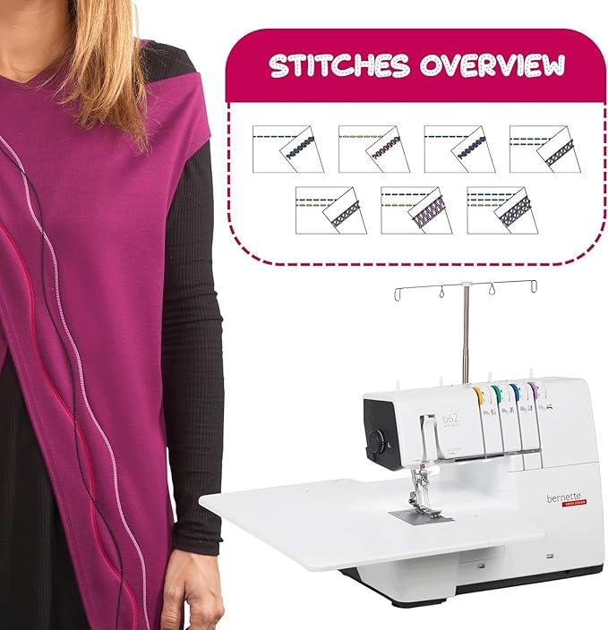 Bernette B62 Airlock Coverstitch Machine Bundle | Air Threader, 7-piece coverstitch foot kit, LED Light, Extension Table | Heavy Duty, Beginner to Professional, Advanced Sewing & Decorative Stitching