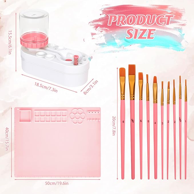 2025 New Painting Station, Paint Brush Cleaner (Pre-Assembled) and Silicone Painting Mat 20"X16" Silicone Art Mat with 10 Paint Brushes for Artist Kids Adults Birthday Gifts (Pink)