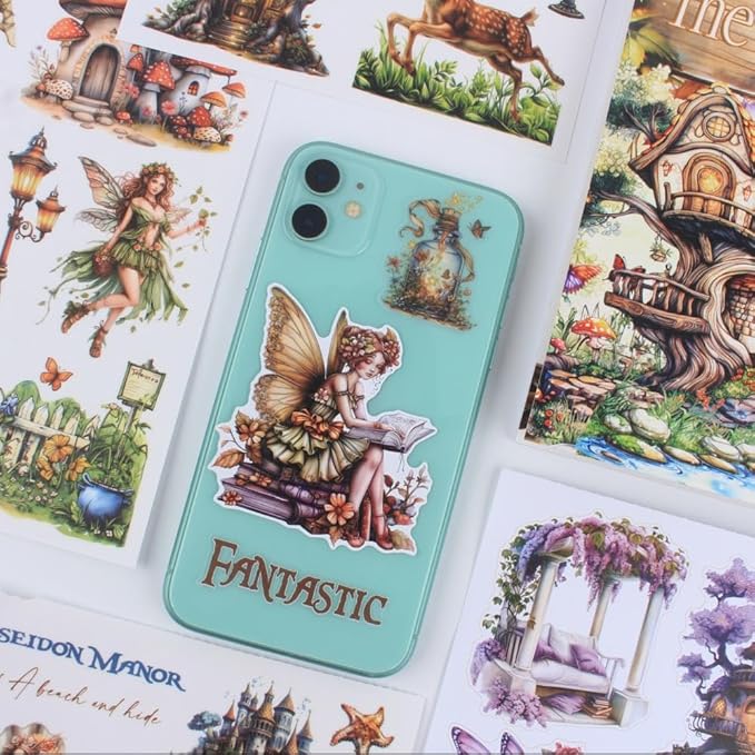 Dwpetzo The Elfs Cottage Sticker Book for Journaling, 20 Sheets Precut PET Washi Paper Materials Stickers for Scrapbooking, Junk Journal Supplies, Planner, Bujo, Collage, DIY Crafts Arts