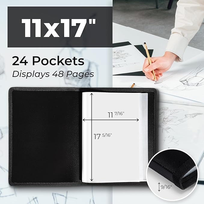 Dunwell 11x17 Art Portfolio Binder with Black Mounting Paper (Black), Large Portfolio Folder for Artwork Storage, 24 Clear Plastic Sleeves, Displays 48 Pages, Acid-Free 11 x 17 Presentation Book