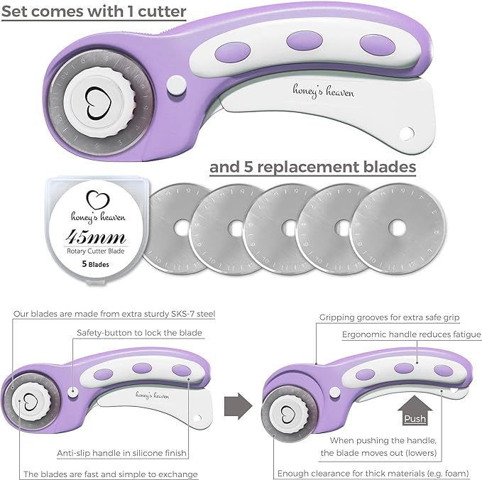 Rotary Cutter Set - Quilting Kit incl. 45mm Fabric Cutter, 5 Replacement Blades - Ideal for Crafting, Sewing, Patchworking, Crochet & Knitting (Lavender, A1 Set (36" x 24"))