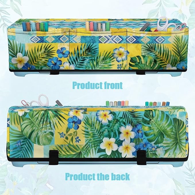 Binienty Dust Cover for Cutting Machine, Tropical Plumeria Pine Needle Leaf Stylish Scrapbooking Die-Cut Machine Cover with 3 Storage Pouch Craft Tool Organizer Holder