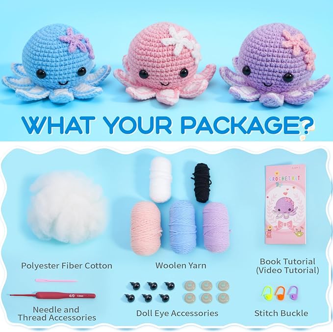 Crochet Kit for Beginners: Make 3 Cute Amigurumi Animals with Easy-to-Follow Video Tutorial, Complete Beginner Crochet Kits for Kids Adults, Creative Christmas Birthday Gift Idea for Women & Girls