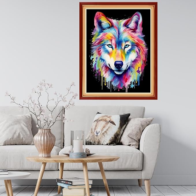Findvoor Stamped Cross Stitch Kits for Beginner Embroidery Kits for Beginners Adults DIY 11CT Cross Stitch Patterns Needlepoint Kits Crossstitching Kits-Colorful Wolf 16x20 inch