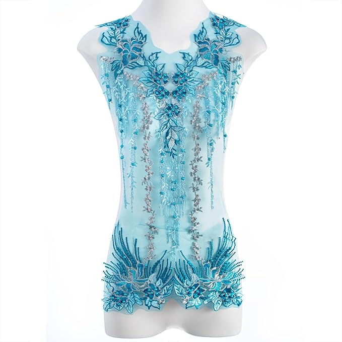 Beaded Pearl Flower Fabric Lace Applique, Floral Embroidered Patches Handmade Sewing Tool for DIY Neckline Bodice Wedding Bridal Prom Dress(Sky Blue-Large)