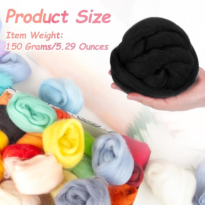 PATIKIL Wool Roving Yarn, 150G/5.3OZ Soft Felting Wool Pure Chunky Roving Yarn Bulk for Needle Felting Knitting Blanket Spinning Weaving DIY Craft, Black