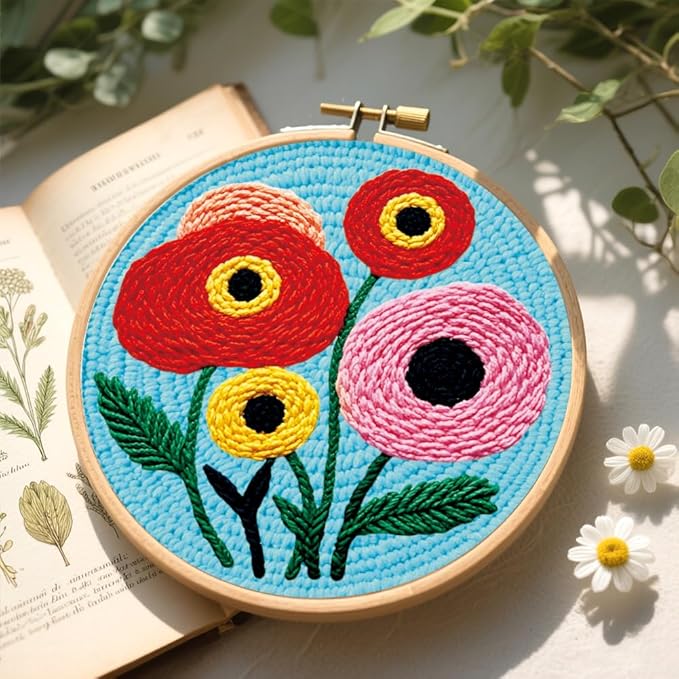 BEUNITONE 2PCS Bohemian Flower Punch Needle Kit for Adults Beginners, Complete Craft Kit Needlepoint Kits for Adults with Hoop, Punch Needle Starter Craft Set for Cloth Festival Gift and Home Decor