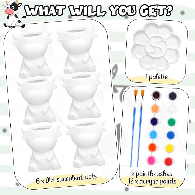 Pasimy 6 Set DIY Ceramic Succulent Planter Pots Paint Your Own Flower Pots Craft Kit Unpainted Bisque Paintable Flowerpot with Brush Palette Ready to Paint for Family Activity Gift(Cow)