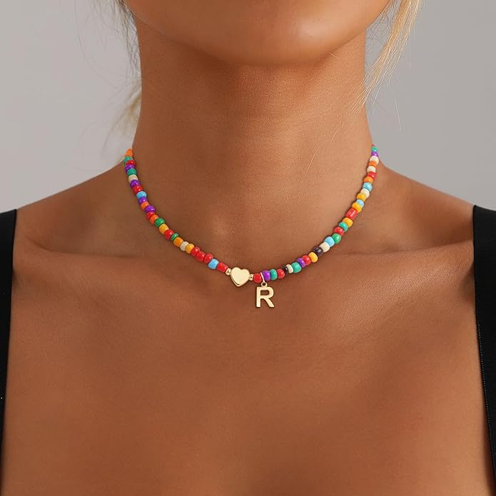 Christmas Gifts for Grandkids Teens Girls - Colorful Beaded Initial Necklace Teen Girl Gifts Trendy Stuff Dainty Letter Choker Necklace Stocking Stuffers for Teen Girls Women Jewelry