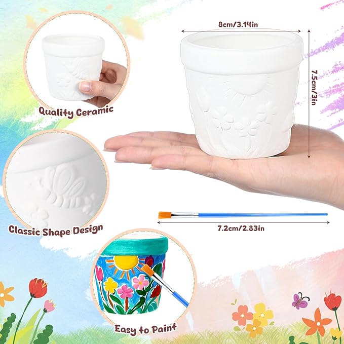Pasimy 6 Set DIY Ceramic Succulent Planter Pots Paint Your Own Flower Pots Craft Kit Unpainted Bisque Paintable Flowerpot with Brush Palette Ready to Paint for Family Activity Gift(Classic)