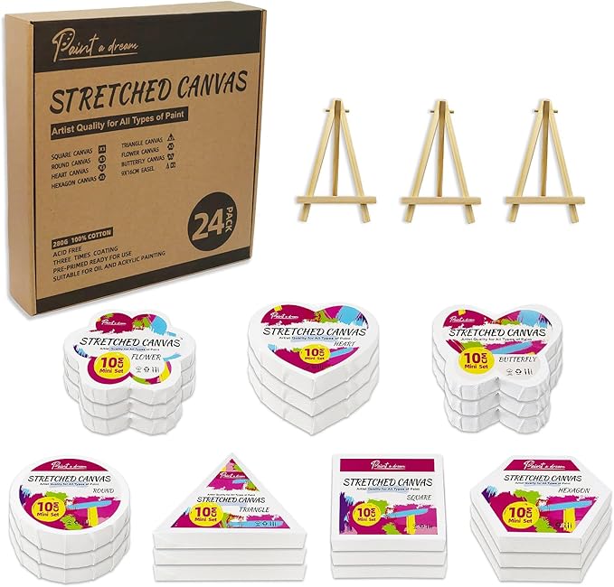 24Pack Stretched Canvas for Painting, 100% Cotton Art Canvases with Easel for Painting, 5/8 Inch Profile 8 Ounce Acid-Free Painting Canvas Supplies for Acrylics,Oils & Other Painting Media - 10cm