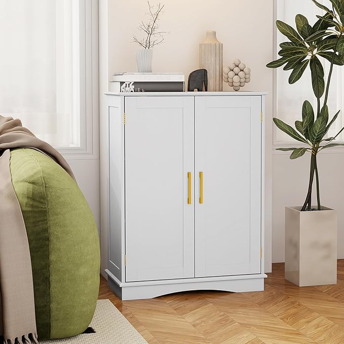 Tangkula Bathroom Floor Storage Cabinet, 31.5" H Freestanding Pantry Cabinet with 2 Doors and Adjustable Shelves, Kitchen Cupboard for Living Room, Dining Room, Bathroom (White, 31.5" H)