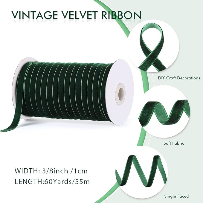 Chuangdi 3/8 Inch, 60 Yard Green Christmas Velvet Ribbon Spool Vintage Velvet Ribbons for Gift Wrapping Decoration Party Wedding Arts Crafts Wide Single Face Velvets Ribbon Bow Making