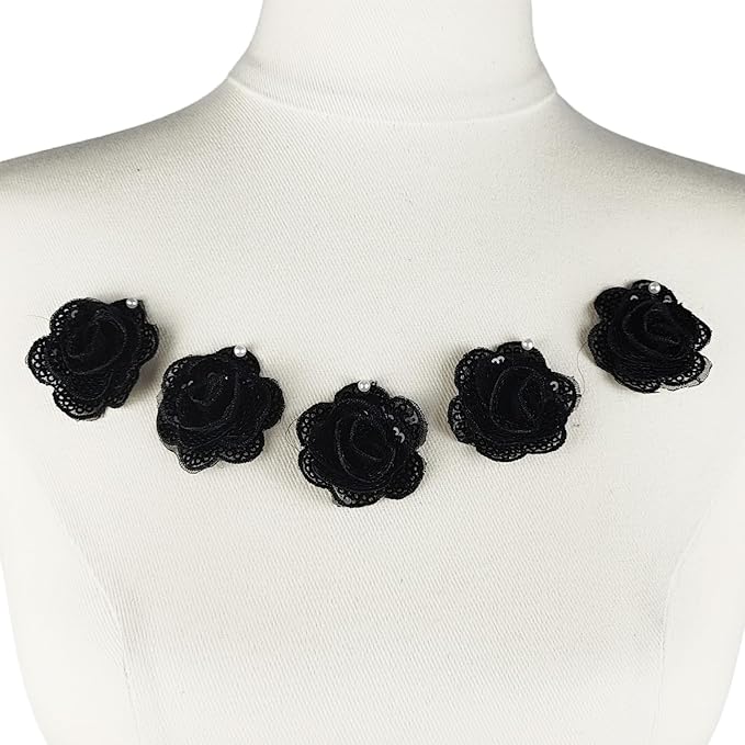 5 PC Rose Flower Sequins Lace Embroidery Patch Applique Trim Wedding Dress DIY Sewing Craft Clothes Applique, 1.6 Inch, Black
