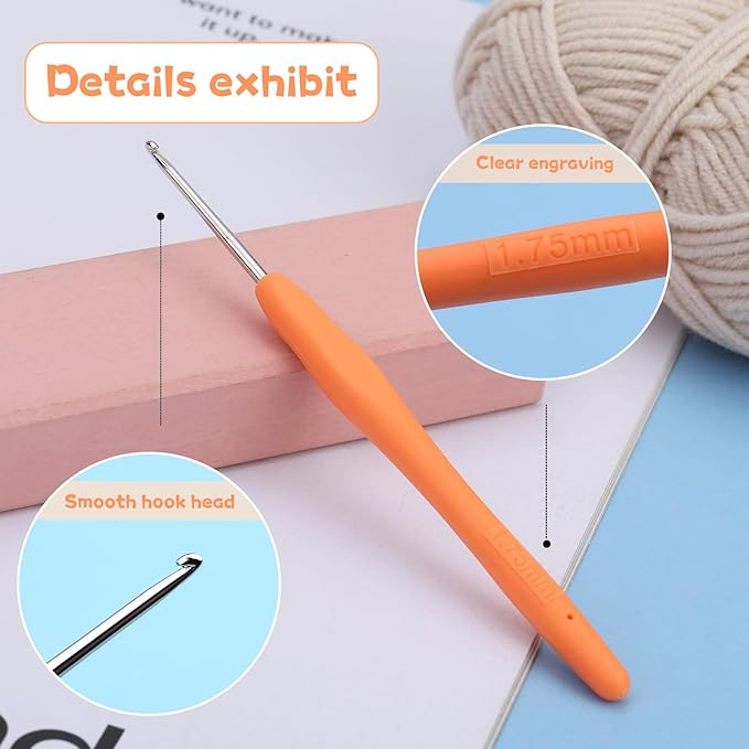 1.75 mm Crochet Hook, Ergonomic Handle for Arthritic Hands, Extra Long  Knitting Needles for Beginners and Crocheting Yarn (1.75 mm)