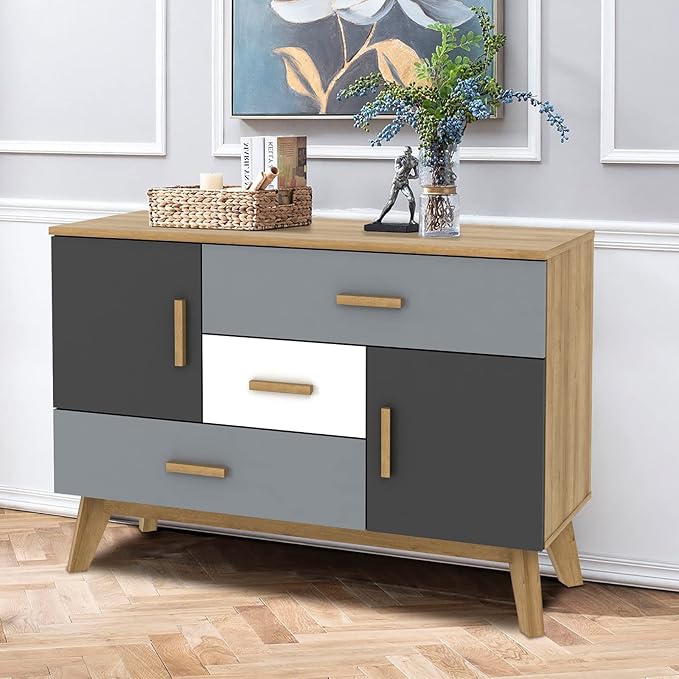 Giantex Free-Standing Floor Storage Cabinet with 2 Doors, 3 Drawers, Adjustable Shelf, Multifunctional Accent Dresser for Living Room, Entryway, 47 Inch Kitchen Sideboard