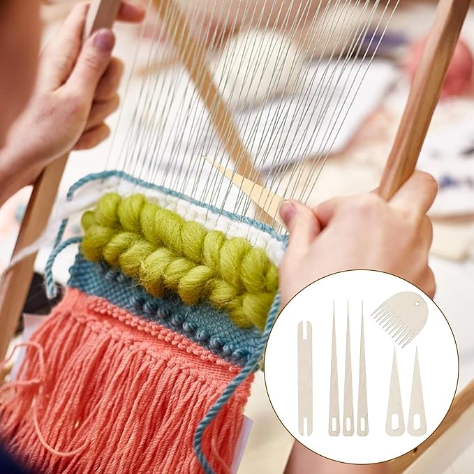 7 Pcs Wood Hand Loom Stick Set, Weaving Tools with 5 Wooden Weaving Crochet Needles, 1 Wooden Shuttle and Wood Weavings Comb for Knitted DIY Crafts Supplies