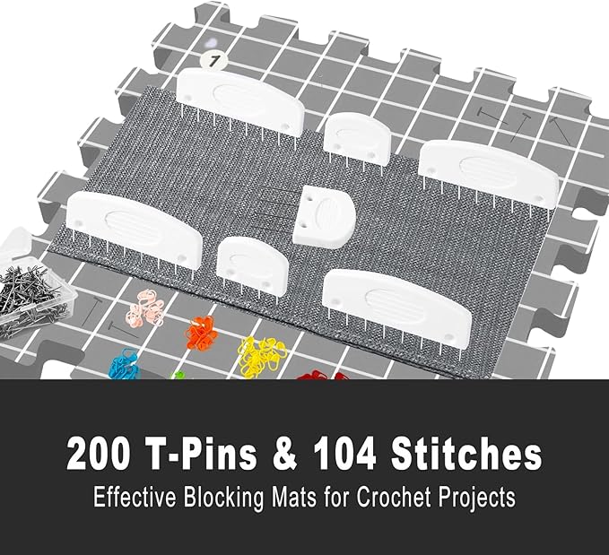 MEVOME Blocking Mats for Knitting 200 T-pins 100 Locking Stitch Markers, Extra Thick Block Boards Crochet Projects Grid Lines Needlepoint Knit Crocheting, 9 Foam Interlocking Mat Storage Bag (Gray)