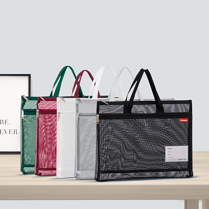 Pendancy Mesh Zipper Pouch A4 Size, Large Double Pocket Lightweight Nylon Transparent File Bag with Handle, 11x13.8 in Foldable Document Storage for Puzzle Project/Cross Stitch/Travel/Office (Black)