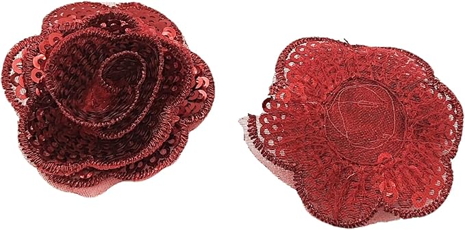 5 PC Rose Flower Sequins Lace Embroidery Patch Applique Trim Wedding Dress DIY Sewing Craft Clothes Applique, 1.6 Inch, Red