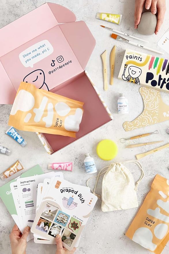 Pott'd Air Dry Clay for Adults and Beginners Home Pottery Kit. DIY Craft Kit Includes: Clay, Tools, Paints, Brushes, Sealant, How-to-Guides