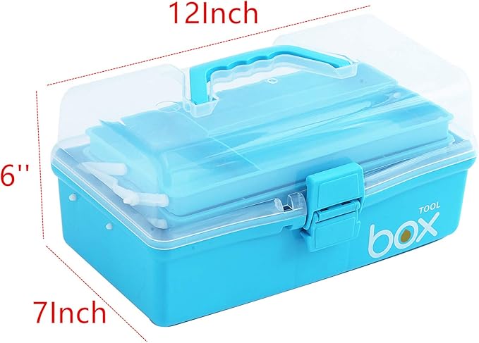 Sunxenze 12'' Three-Layer Clear Plastic Craft Storage Box, Tool Box/Sewing Box Organizer, Art Storage Box with Handle (Light Blue)