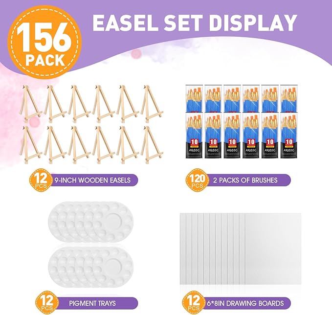 AROIC Canvas and Easel Set,Art Painting Set with 156 Pack (12 PCS 9" Wood Easels, 120 Brushes, 12 Canvas Boards and 12 Palette) Painting Supplies kit for Kids & Adults to Painting Party