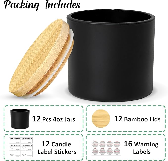 4oz Jars for Making Candles - 12 Pack Small Matte Black Empty Glass With Bamboo Lids, Stickers and Labels, Bulk Containers, Ideal for Business Owners