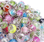 100 Pieces 14mm European Large Hole Spacer Beads Mix Color with Silver Brass Cores Assortments Charm Lampwork Beads Supplies for Necklace Bracelets Jewelry Making (Faceted Powder)