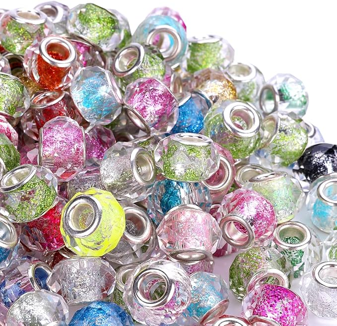 100 Pieces 14mm European Large Hole Spacer Beads Mix Color with Silver Brass Cores Assortments Charm Lampwork Beads Supplies for Necklace Bracelets Jewelry Making (Faceted Powder)