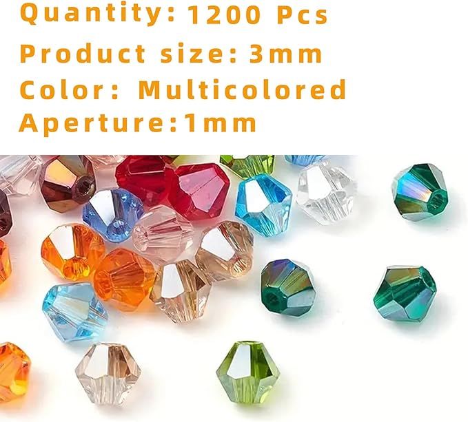 1200PCS 3mm Bicone Crystal Glass Beads for Jewelry Making, Sparkling Mini Beads for Suncatchers, DIY Bracelets & Craft Projects (Multicolored)