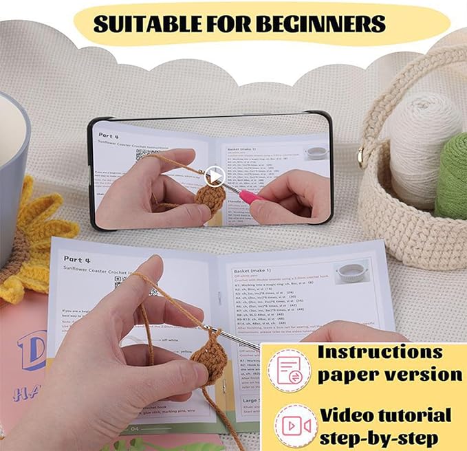 Beginner Crochet Kits, 5-Piece Sunflower Coaster Set, Plant Crochet kit, Adult Crochet Beginner Kits, with Step by Step Guide Video, Sunflower Crochet Material Tool