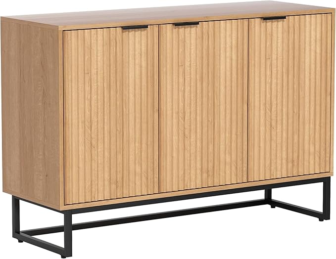 Fluted Storage Cabinet with 3 Doors, Sideboard Buffet Cabinets with Adjustable Shelves, Multifunctional Console Table with Storage Credenza for Living Room, Hallway, Natural Oak