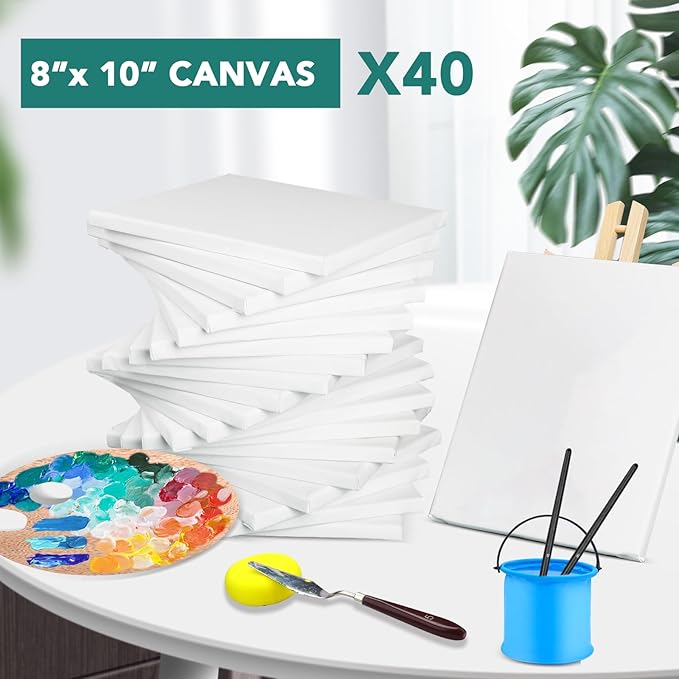 ESRICH 40Pack Stretched Canvas for Painting 8x10, Blank White Canvases for Painting - Primed Cotton, Art Canvases for Oil, Acrylic & Watercolor Paint.